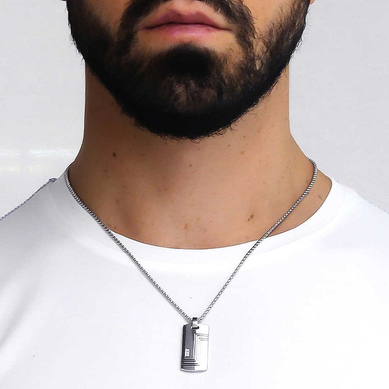 Collana Uomo BOCCADAMO MAN in Acciaio con pendente piastrina e zirconi