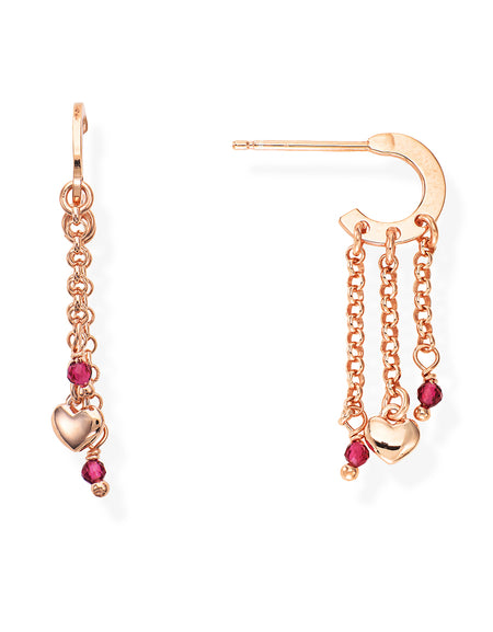 AMEN Orecchini Donna Pendenti Rosè Cuore Bombato e Pepite Rubino