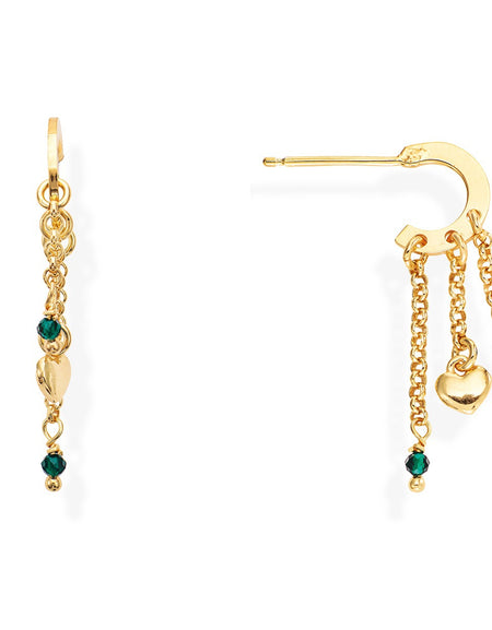 AMEN Orecchini Donna Pendenti Dorati Cuore Bombato e Pepite Verdi