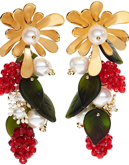 OTTAVIANI Orecchini Donna Pendenti Fiore con Perline di Vetro Rosse e Bianche