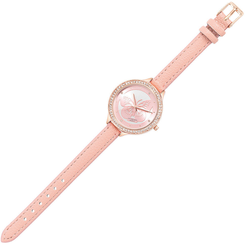 OTTAVIANI Orologio Donna Solo Tempo Farfalla con Cinturino in Pelle Rosa