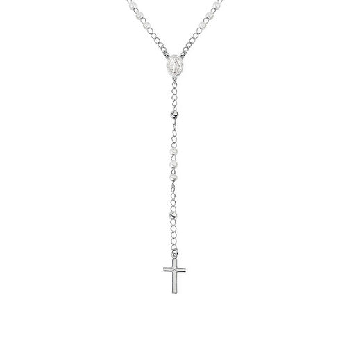 AMEN Collana Rosario Classico Rodiato con grani 4mm in Perle in Argento 925