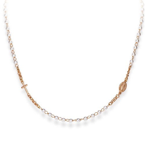 AMEN Collana Rosario Girocollo Rosè grani in Perle 4mm in Argento 925